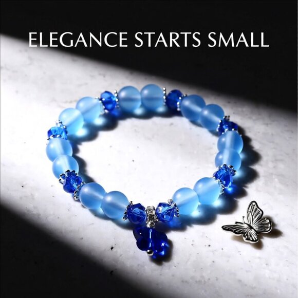 Blue Butterfly - Beaded Stretch Bracelet 4 Girls 5.5-6" Wrists! - Picture 2 of 9